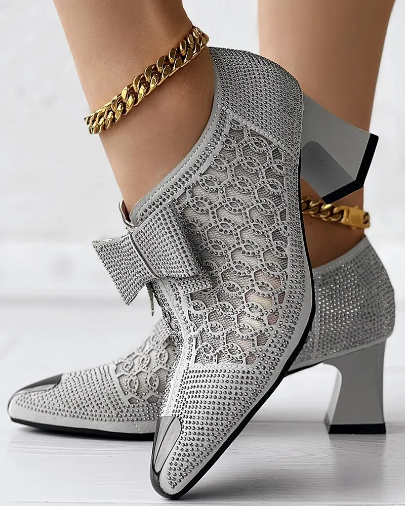 Heels Women's Hollow Mesh Shoes Summer Fashion Rhinestone Square Heel Pointed Toe Size 43 Zipper Bow Sandals Women Sandalis