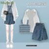 Women's Summer Matching Set 2023 New Chic Sunscreen Shirt Strap Denim Short Skirt Pants Three Piece Korean Elegant Casul Suit - Image 6