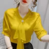 Female Commute Fashion Solid Color Chiffon Shirt Office Lady Simplicity All-match V-Neck Spliced Blouse Summer Women's Clothing - Image 4