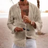 Cross-border 2024 new men's spring/summer cotton and linen lapel beach shirt long sleeve solid color holiday clothing - Image 6