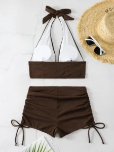 2024 Rib Drawstring Bikini Solid High Waist Swimsuit Women Halter Swimwear Female Bathers Bathing Swimming Swim Suit Beachwear - Image 5