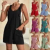 Women Loose Style Overalls Boho Solid Color Square Collar Playsuits Sleeveless Rompers Summer Casual Clothes - Image 2