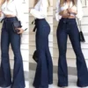 Women Jeans Solid Color High Waist Flare Pants Zipper Fly Flat Pockets Streetwear Slim Patchwork Button Slight Strech Belt - Image 6