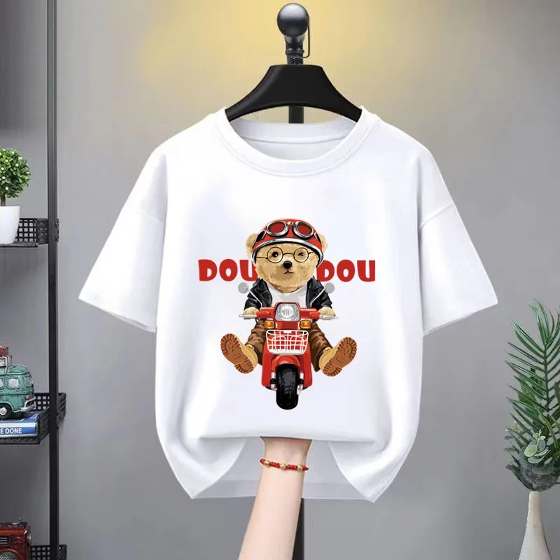 Boy Girls 100% Cotton T-shirt Summer Wear Baby Sports Cartoon Tees Trendy Printing Cool Bear T Thin Soft Crew Children's Clothes