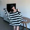 2023 Spring and Autumn Fashion Stripe Strap Off Shoulder Pure Casual Loose Oversize Long Sleeve Large Edition Versatile T-shirt - Image 3
