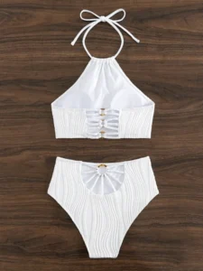 Vigoashely 2024 Ribbed Push Up Bikini Set High Wihst Halter Tied Swimsuit For Women Summer 2 Piece Beach Swimwear Bathing Suit - Image 4