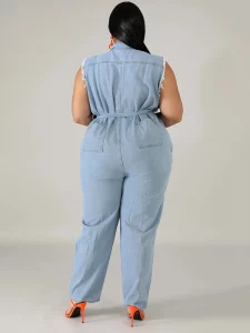 Womens Jeans Plus Size Streetwear One Piece Suit with Sash Denim Elegant Oversized Ripped Jumpsuit Wholesale Bulk Dropshipping - Image 2