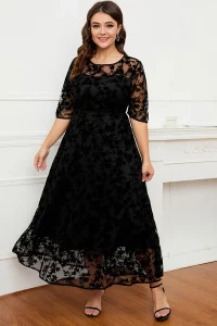 Plus Size Short Sleeve Maxi Dress Women Black Lace Flocking Mesh Velvet Double Layer Long Formal Dress Elegant Party Dress - Image 3