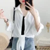 Fashion Lapel Button Solid Color All-match Bandage Bow Shirt Female Clothing 2023 Summer New Casual Tops Oversized Korean Blouse - Image 5