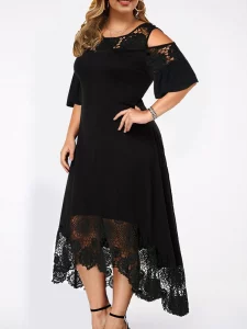 2022 Fashion Women Summer Cold Shoulder Short Sleeve Lace Patchwork Elegant Party Dress Maxi Plus Size Women Clothing - Image 2