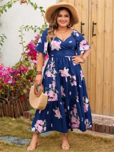 Plus Size Summer Flower Floral Print Long Dress Women V-Neck Backless Fashion Ruffle Pleated Ladies Dresses Loose Woman Dress - Image 3