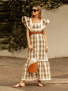 Vintage Square Collar Patchwork Maxi Dress Women 2024 High Waist Fly Sleeve Dresses Female Elegant Summer Chic Beach Long Dress - Image 3