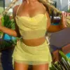 wsevypo Yellow 2Pieces Top Skirt Sets Summer Beach Vacation Streetwear Outfit Women's Tie-up Halterneck Backless Vest Mini Skirt