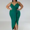 CM.YAYA Plus size Vintage Women Strap V-neck Ruched Up Front High Low Asymmetrical Sleeveless Sexy Party Maxi Long Dress Vestido
