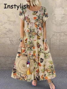 Vintage Boho Floral Print Maxi Dress Short Sleeve O Neck Cotton and Linen Loose Oversize Long Dress Summer Party Sundress Robe - Image 3
