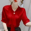 Female Commute Fashion Solid Color Chiffon Shirt Office Lady Simplicity All-match V-Neck Spliced Blouse Summer Women's Clothing - Image 3