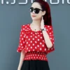 Elegant Ruffles Spliced Shirring Polka Dot Blouse Women's Clothing 2023 Summer New Casual Pullovers Korean Flare Sleeve Shirt - Image 4