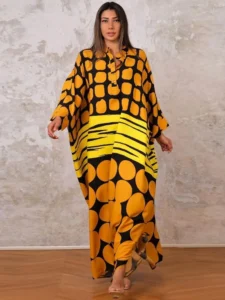 2023 Print Maxi Dress Batwing Sleeve Tunic Spring Autumn Beach Dress Casual Plus Size Women Beachwear Kaftan Cover-ups - Image 3