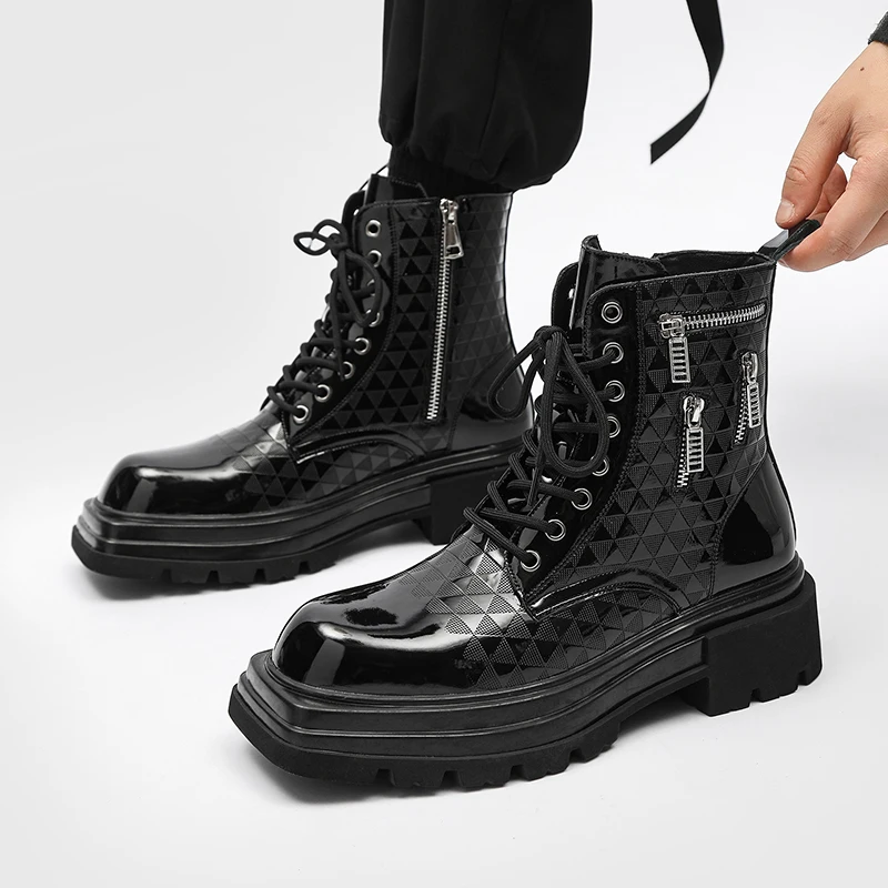 mens fashion patent leather boots brand designer shoes stage nightclub dress cowboy platform boot handsome high motorcycle botas