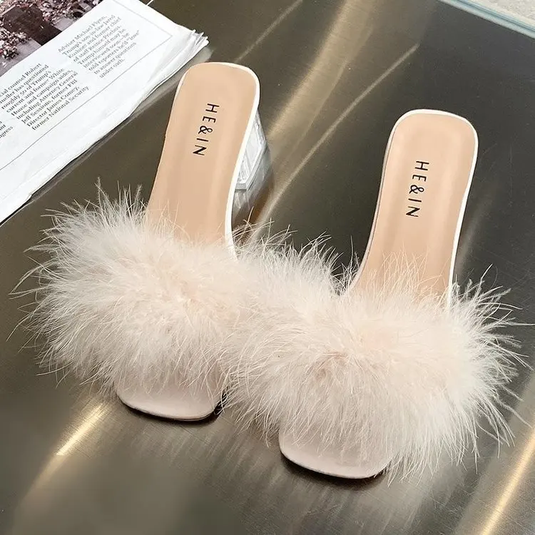 Summer Fluffy Peep Toe Sexy High Heels Women Shoes Fur Feather Lady Fashion Wedding Slip-On Pink Square Sandals Tacones Mujer