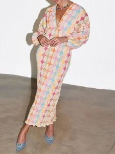 Ribbed Multiful Printed V-neck Backless Long Dresses Fashion Women High Waist Mermaid Dress Female Elegant Vacation Maxi Robes - Image 4