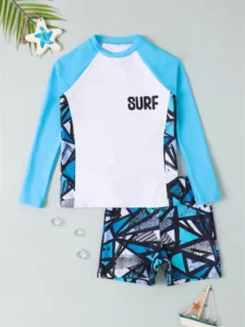 Boy Swimsuit 2024 New Solid And Print Long Sleeve Children Swimwear Summer Kids Beach Wear Shorts Swimming Bathing Suit For Men - Image 4