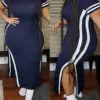 Elegant Dresses for Women Short Sleeve Striped Print Maxi Slit Skinny Dress New Fashion 2023 Summer Casual