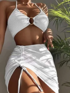 Multi Colors 3 Pieces Swimsuit Women Textured Bikini Set Mesh Skirt Cover-Up Swimwear Push Up High Waist Bathing Suits Beachwear - Image 2