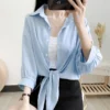 Fashion Lapel Button Solid Color All-match Bandage Bow Shirt Female Clothing 2023 Summer New Casual Tops Oversized Korean Blouse - Image 6