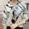 Spring Summer Polka Dot Printed Blouse Casual 3/4 Sleeve Female Fashion V-Neck Bow Chic Pearl Three-dimensional Decoration Shirt - Image 3