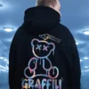High Street Graffiti Bear Print Men's Fleece Hoodie Retro Autumn Casual Pullover Hooded Sweatshirts Hip Hop Y2K Hoodies Clothes - Image 3