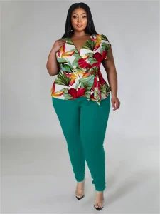 Wmstar Plus Size Two Piece Outfits Pants Sets Women Summer Clothes Printed Top Solid Leggings Matching Wholesale Dropshipping - Image 3