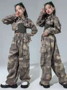 Hip Hop Girls Camouflage Cropped Jacket Cargo Pants Street Dance Clothes Set Kids Jazz Military Joggers Costume Child Streetwear - Image 2