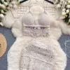 SINGREINY Knit Bikini Two Piece Set Women Summer Backless Tassel Sequins Camisole Mini Skirt Retro Fashion Vacation Beach Suit