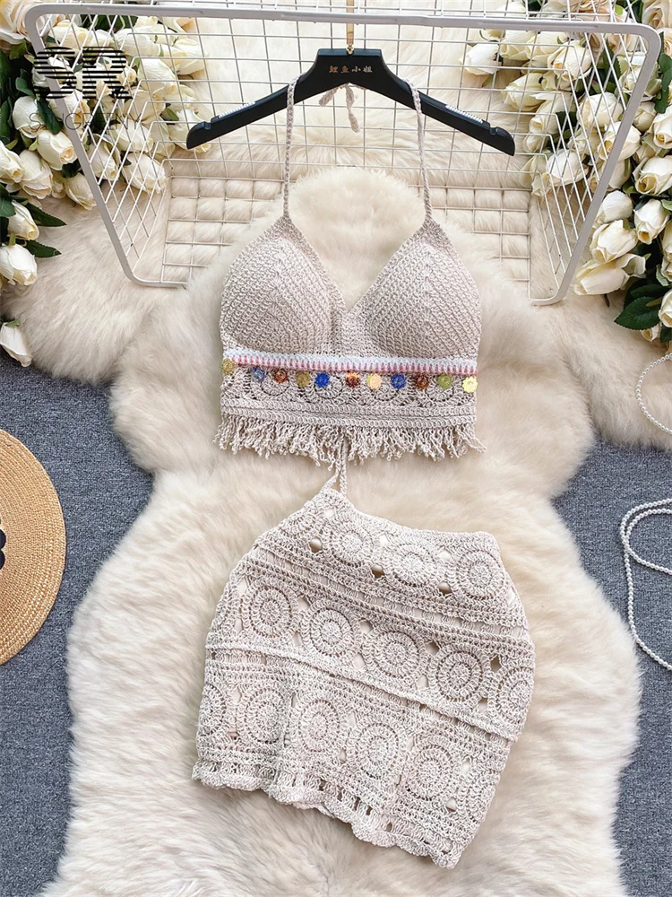 SINGREINY Knit Bikini Two Piece Set Women Summer Backless Tassel Sequins Camisole Mini Skirt Retro Fashion Vacation Beach Suit