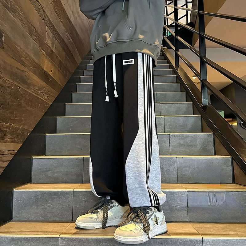 Baggy Casual Side Stripe Men Sweatpants Thicken Warm Korean Style Patchwork Color Clash Sports Pants Harajuku Man Trousers