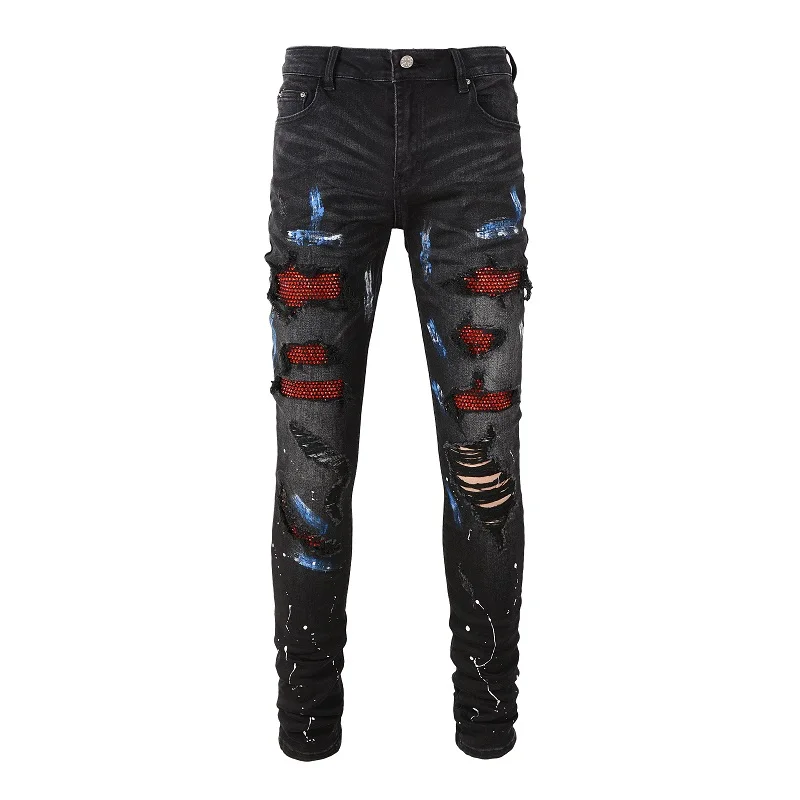 Men's Crystal Stretch Denim Skinny Jeans Painted Holes Ripped Tapered Pants Streetwear Patchwork Black Trousers