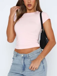 Pink Long Sleeve T-shirt Women 2024 Summer Cute White Crop Top Ladies Causal Sexy Slim O Neck Basic Tees Tshirt Y2k Top Clothes - Image 4