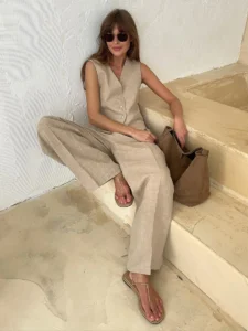 Wolfeel Womem Linen Cotton Chic Vest ＆ Pants Suit Two-Piece Set Office Ladies Summer Chic 2 Piece Sets Womens Outfits - Image 6