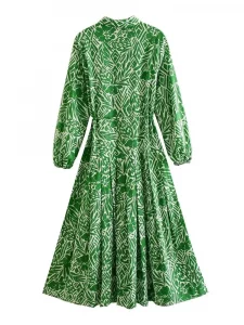 Green Print Long Dress Women Pleated Shirt Dress Woman Long Sleeve Maxi Dresses for Women 2023 Summer Collar Female Dress - Image 2