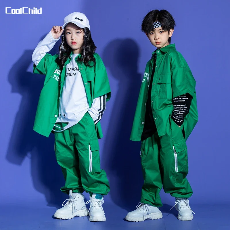 Girls Hip Hop Letters Shirt Cargo Pants Boys Cool Jacket Street Dance Clothes Sets Joggers Kids Blouse Streetwear Jazz Costumes