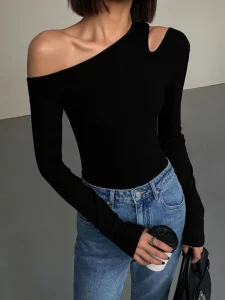 Sexy Black Tshirt Slim Clothing Plain Woman T-shirt Off Shoulder 2024 Top for Women Luxury High Quality Trend Emo Polyester Tee - Image 3