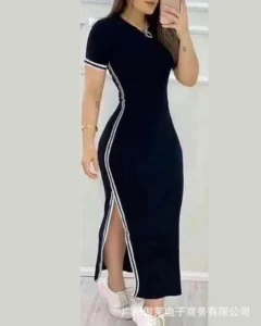 Women Sport Solid Dress Short Sleeved Round Neck Side Split Long Dresses Slim Fit High Waist Casual Ladies 2023 Autumn - Image 3