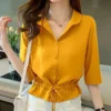 Summer Women All-match Solid Turn-down Collar Half Sleeve Chiffon Shirt Fashion Casual Shirring Single-breasted Blouses Female - Image 2