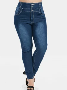 Plus Size Jeans For Women High Wasited Denim Pants for Big Curve Style Button Front Waist Taper Leg ouc078 - Image 2