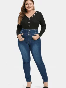 Plus Size Jeans For Women High Wasited Denim Pants for Big Curve Style Button Front Waist Taper Leg ouc078 - Image 3