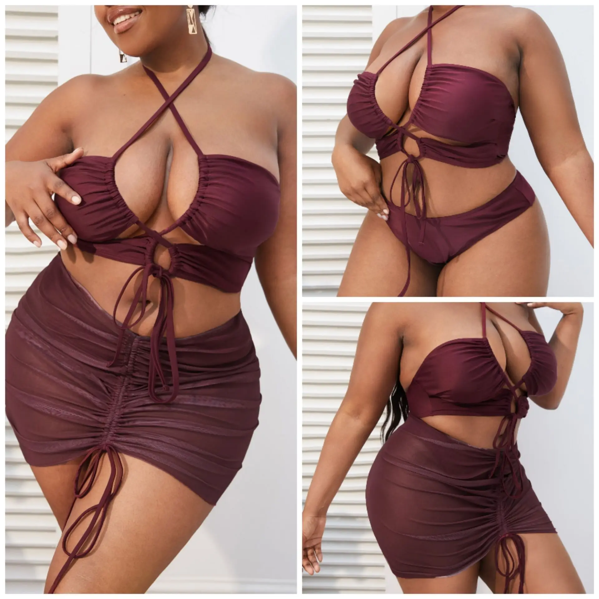 2023 Plus Swimsuit 3 Piece Large Size Swimwear Women Suits Beachwear Summer Mesh Bathing Suit Female 4XL