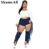 Plus Size Ripped Broken Holes Side Tassel Jeans 4XL Street high waist Stretchy Skinny Cut Out Denim Pencil Pants Long Trousers - Image 5