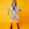 Hip Hop Boys Silver Jacket Girls Jazz Jogger Pants Street Dance Mini Skirt Clothes Sets Kids Sequin Costumes Child Streetwear - Image 3