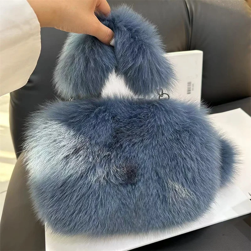 Temperament Women's Winter Fur Tote Luxury Fox Fur Fashion Small Square Bag Large Capacity Plush Shoulder Bag